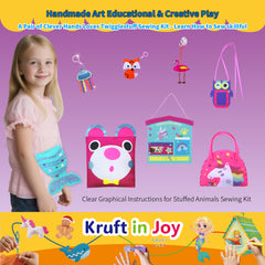Kruft in Joy My First Sewing Kit Fun felt Craft for Kids-8 Easy DIY Project twiggle Stuffed Animal Doll Plush Pillow Bag Charms Unicorn Mermaid Bear Fox Owl,Learn to Sew Embroidery Gift for Girl 5 12